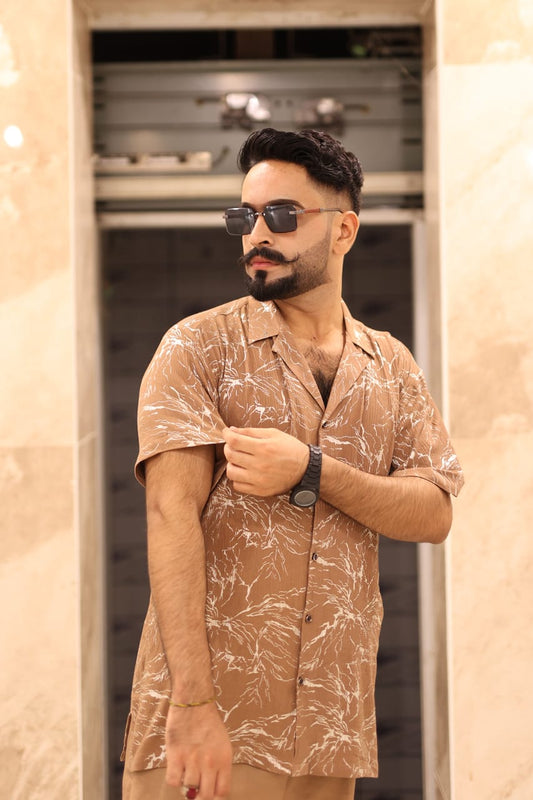 Classy brown printed shirt plain trouser