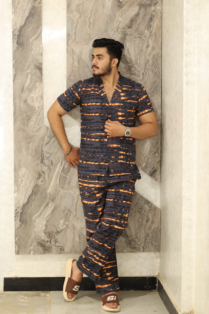 Blue print cuban collar shirt casual smart same trouser