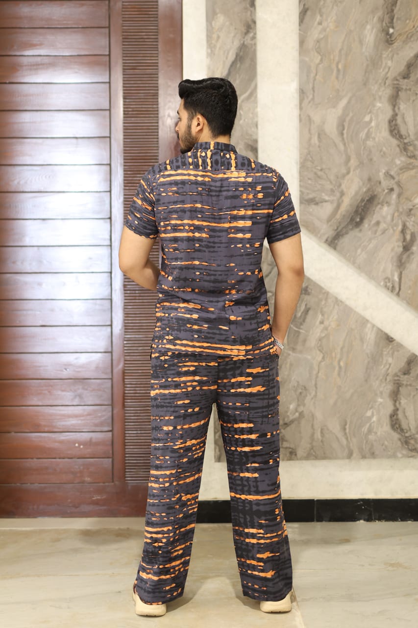 Blue print cuban collar shirt casual smart same trouser