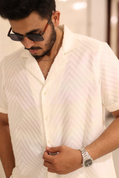 White shadow zigzag design cuban collar shirt lose fit trouser