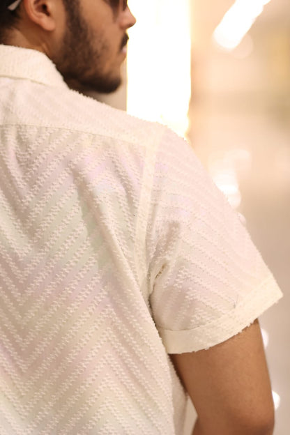 White shadow zigzag design cuban collar shirt lose fit trouser