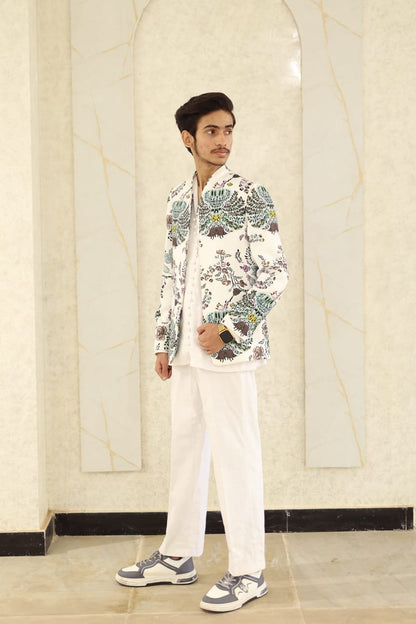 White printed jacket loop style shirt boot cut pant party wear dress