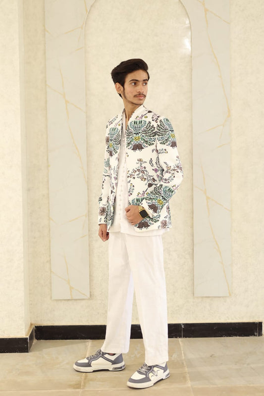 White printed jacket loop style shirt boot cut pant party wear dress