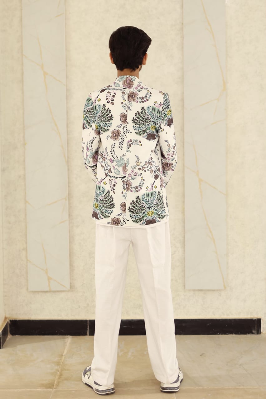 White printed jacket loop style shirt boot cut pant party wear dress