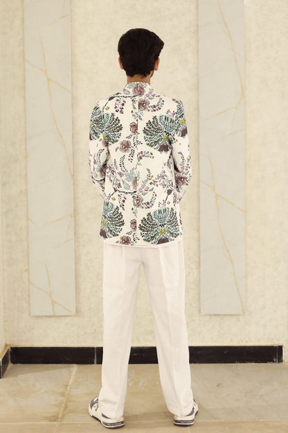 White printed jacket loop style shirt boot cut pant party wear dress