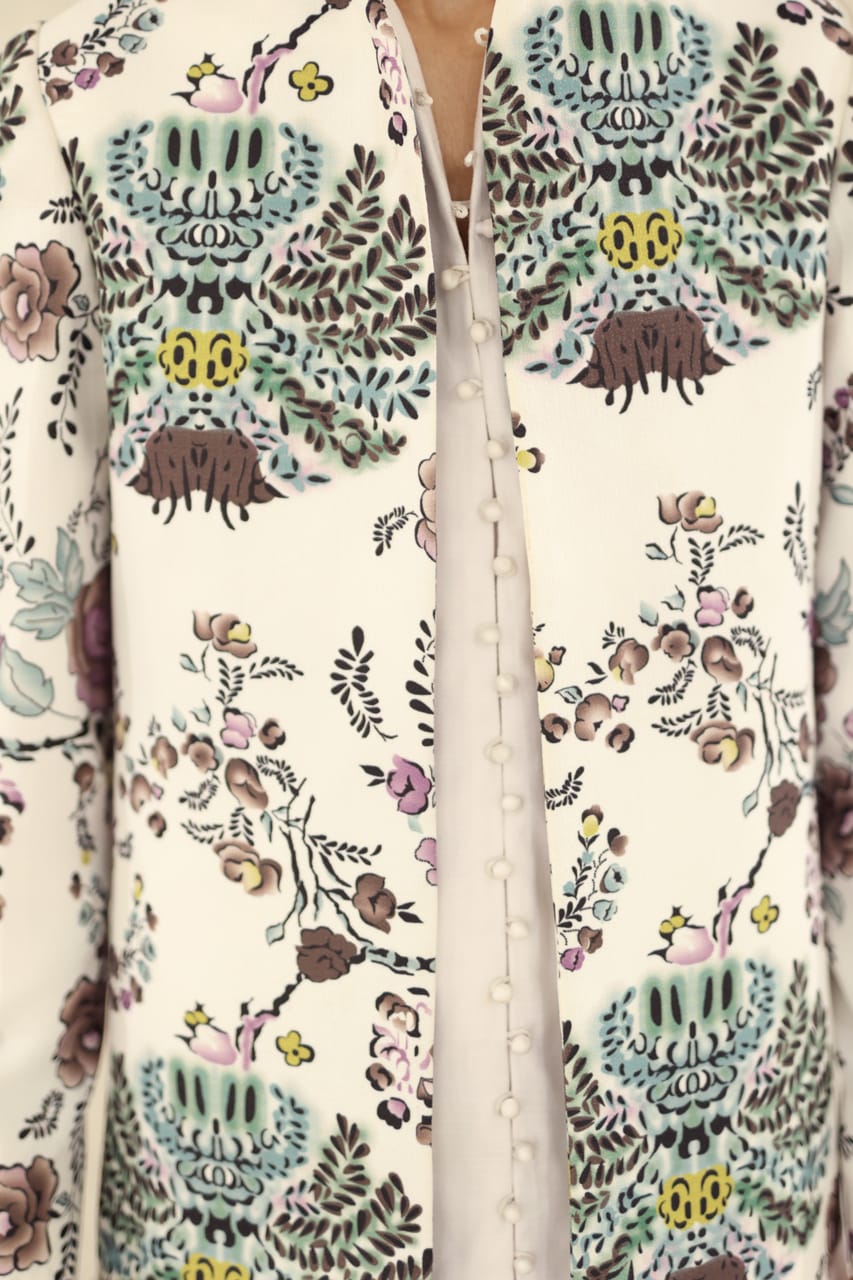 White printed jacket loop style shirt boot cut pant party wear dress