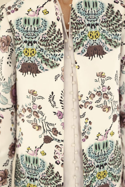 White printed jacket loop style shirt boot cut pant party wear dress