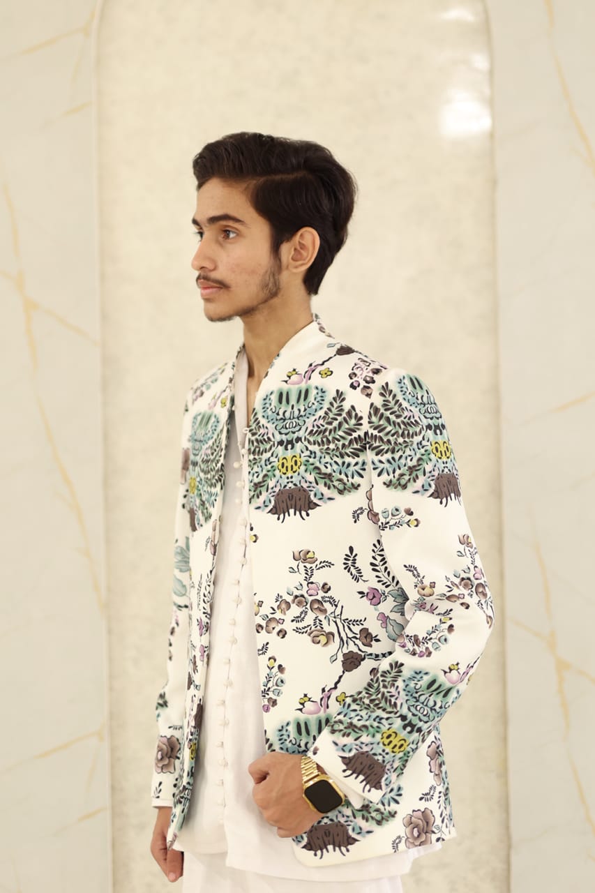 White printed jacket loop style shirt boot cut pant party wear dress