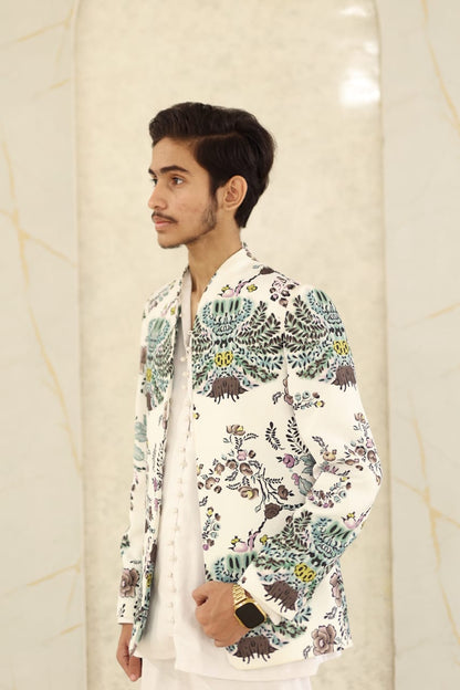 White printed jacket loop style shirt boot cut pant party wear dress