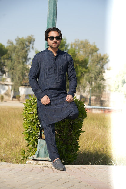 Navy blue cross lining Embroidery kurta same plain trouser