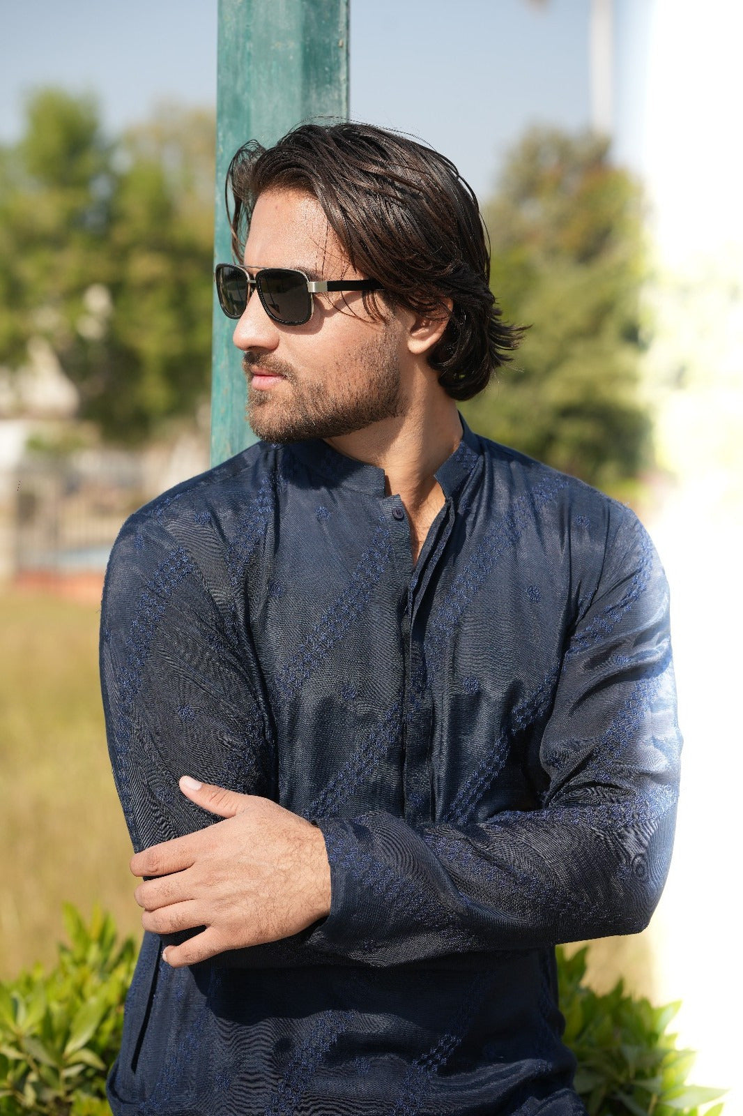Navy blue cross lining Embroidery kurta same plain trouser