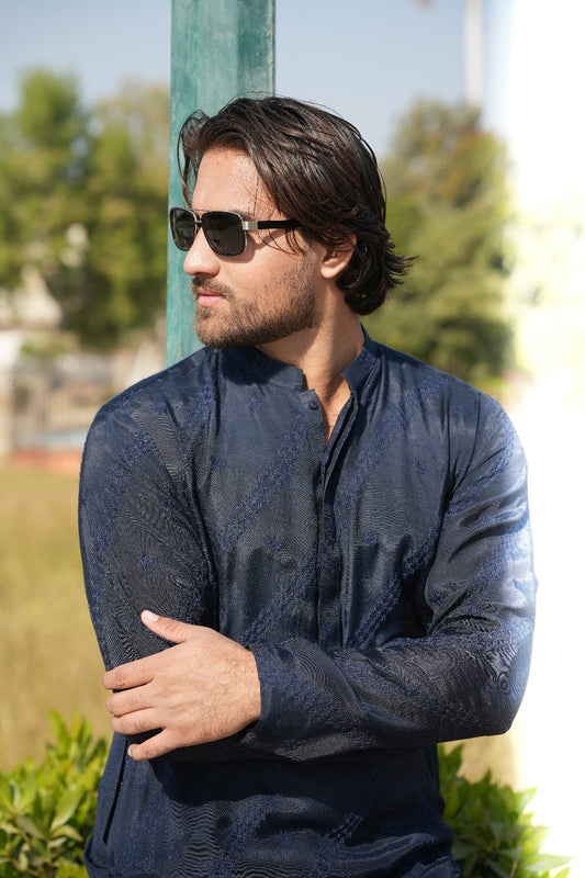 Navy blue cross lining Embroidery kurta same plain trouser