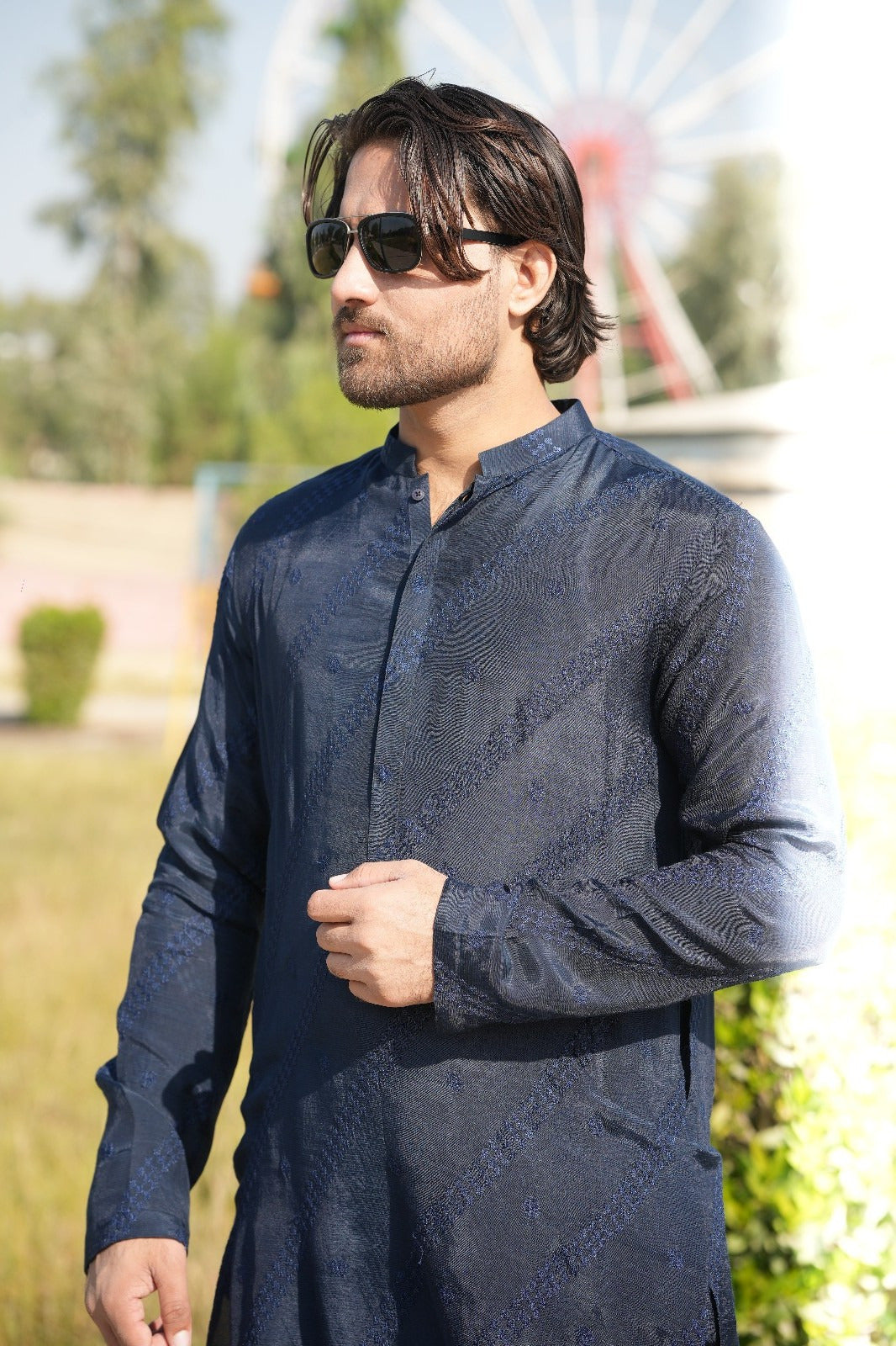 Navy blue cross lining Embroidery kurta same plain trouser