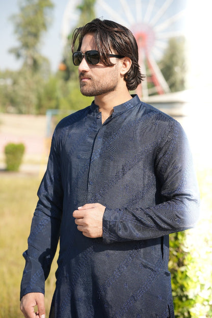 Navy blue cross lining Embroidery kurta same plain trouser