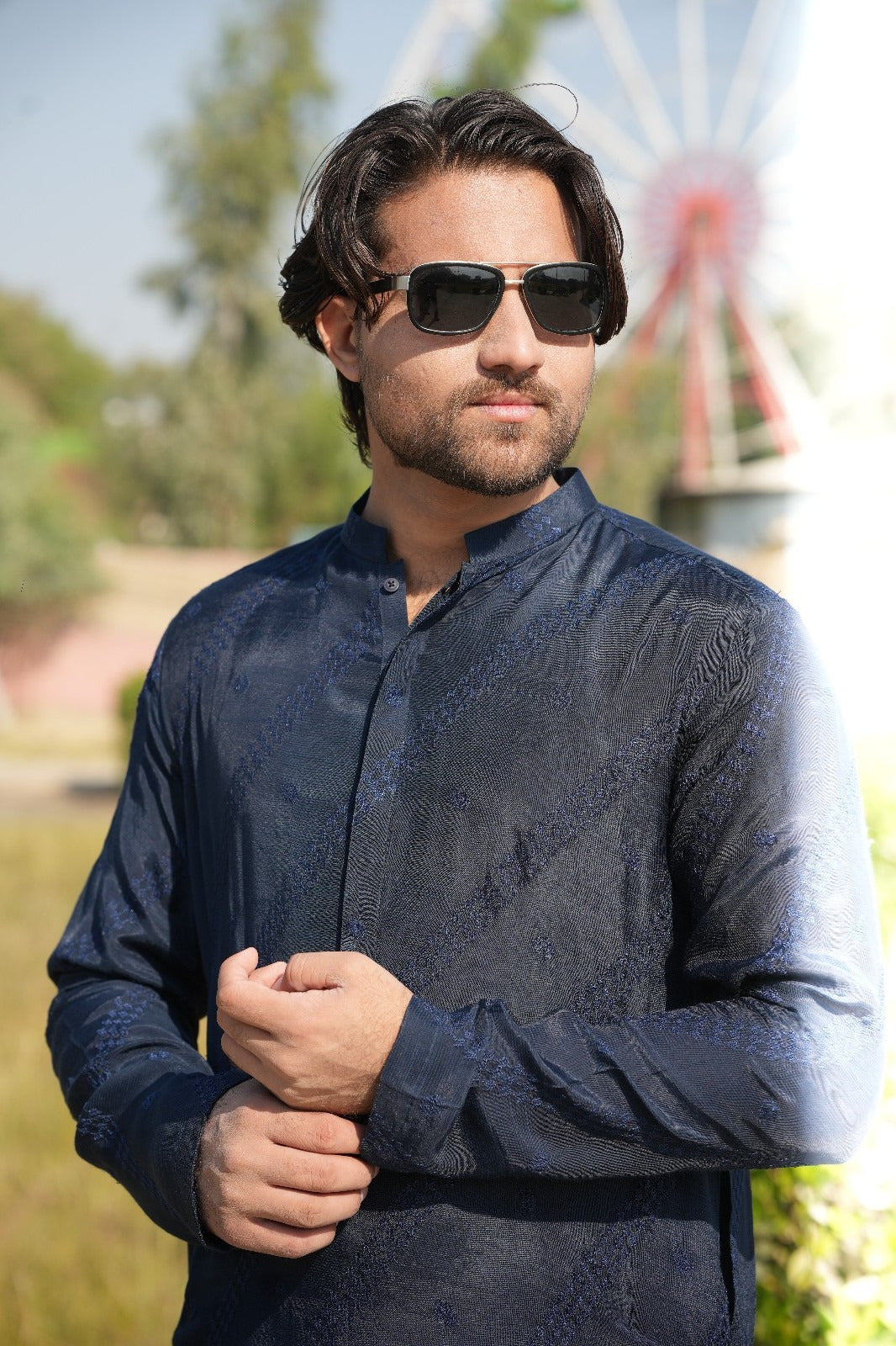 Navy blue cross lining Embroidery kurta same plain trouser
