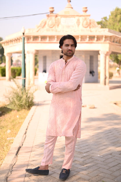 Powder pink jall Embroidery kurta same plain trouser