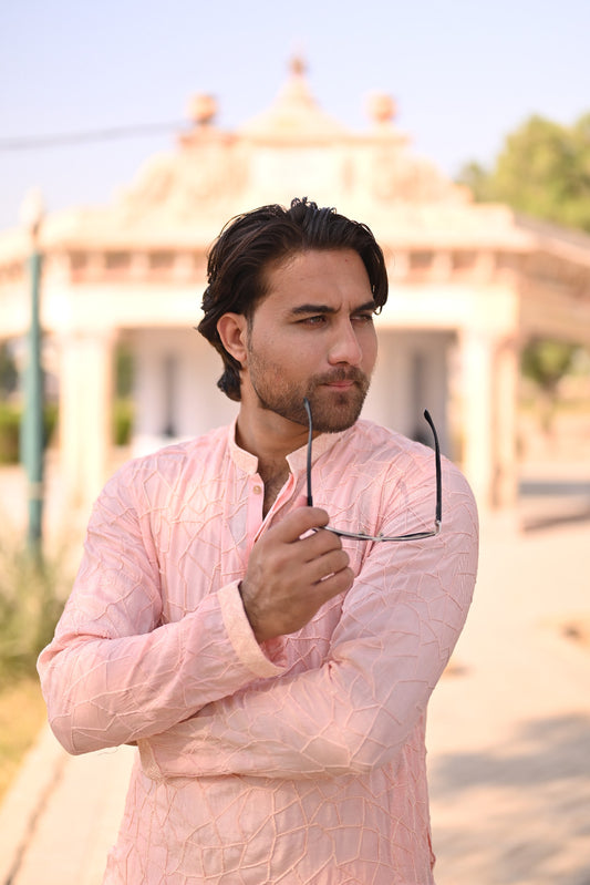 Powder pink jall Embroidery kurta same plain trouser