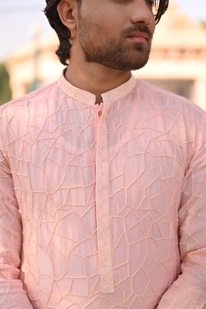 Powder pink jall Embroidery kurta same plain trouser