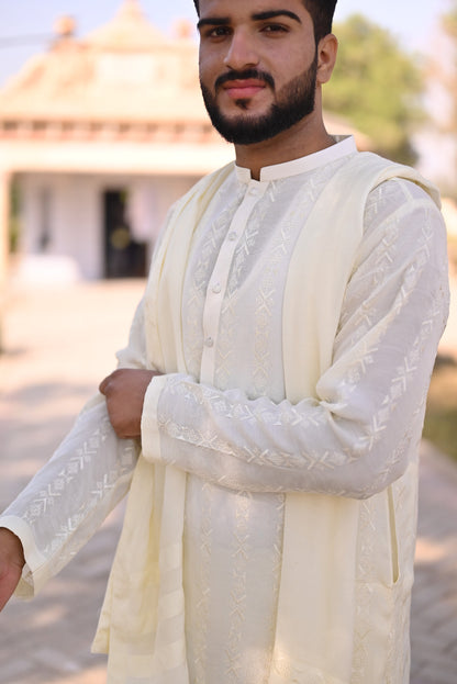 Off white sequence Embroidery kurta same plain trouser