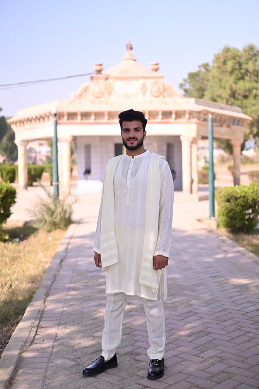 Off white sequence Embroidery kurta same plain trouser