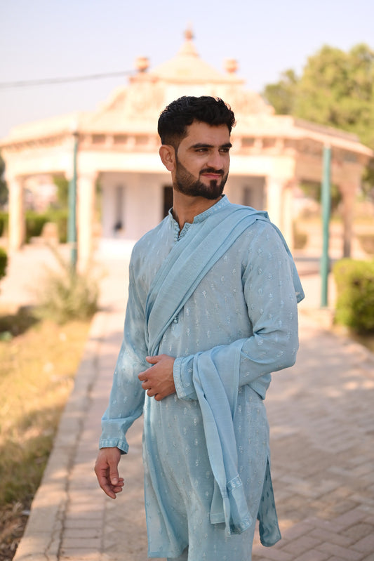 Sky blue sequence Embroidery full loop button style kurta same plain trouser
