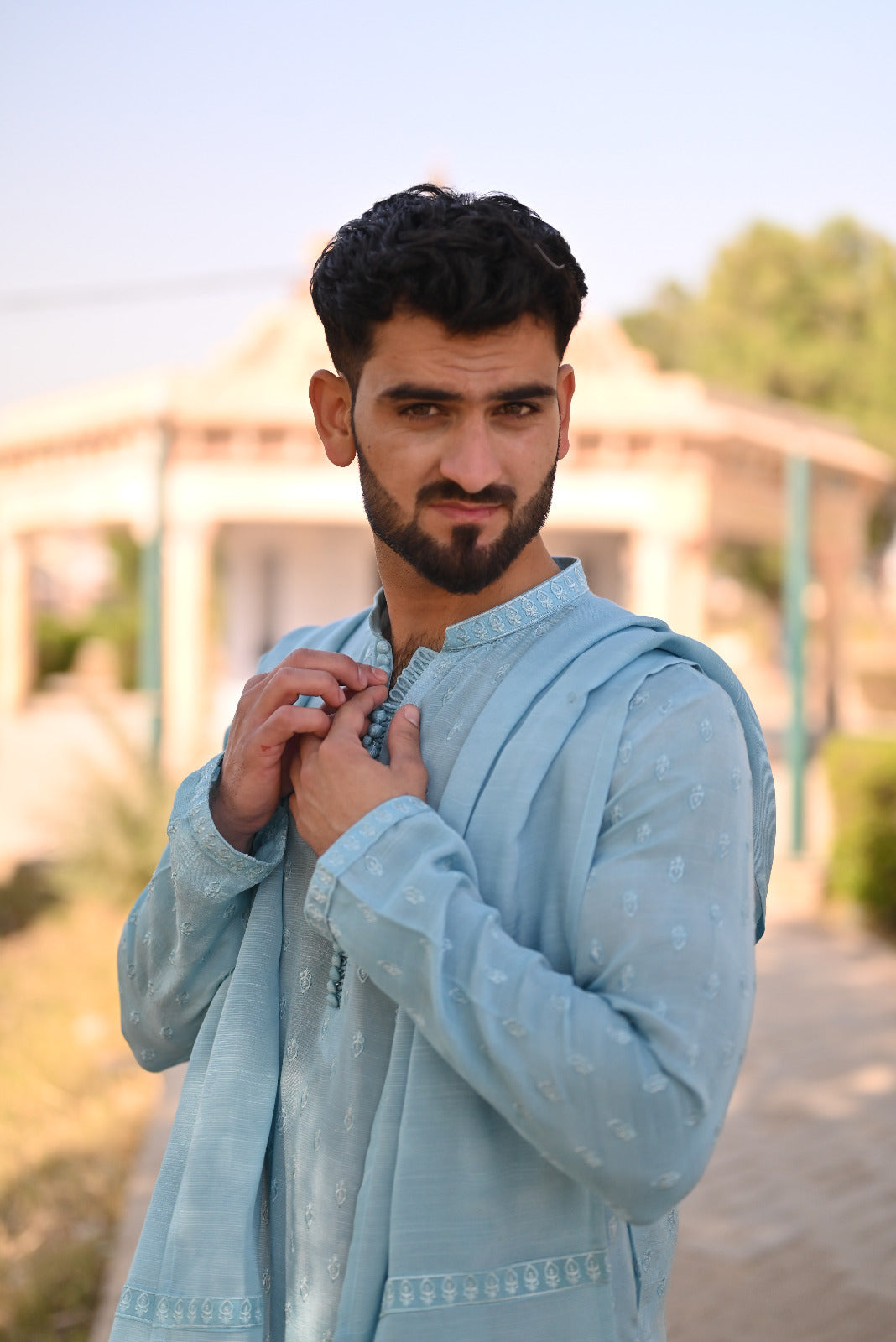 Sky blue sequence Embroidery full loop button style kurta same plain trouser