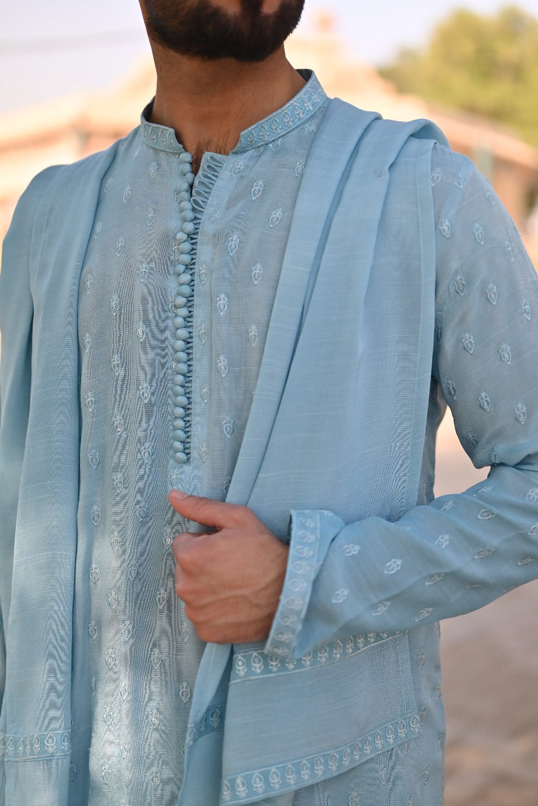 Sky blue sequence Embroidery full loop button style kurta same plain trouser