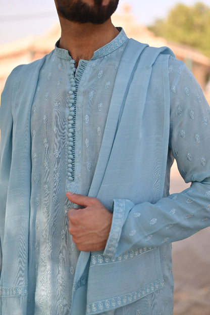 Sky blue sequence Embroidery full loop button style kurta same plain trouser