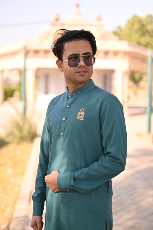 Teal green kurta logo style and trouser decent designing
