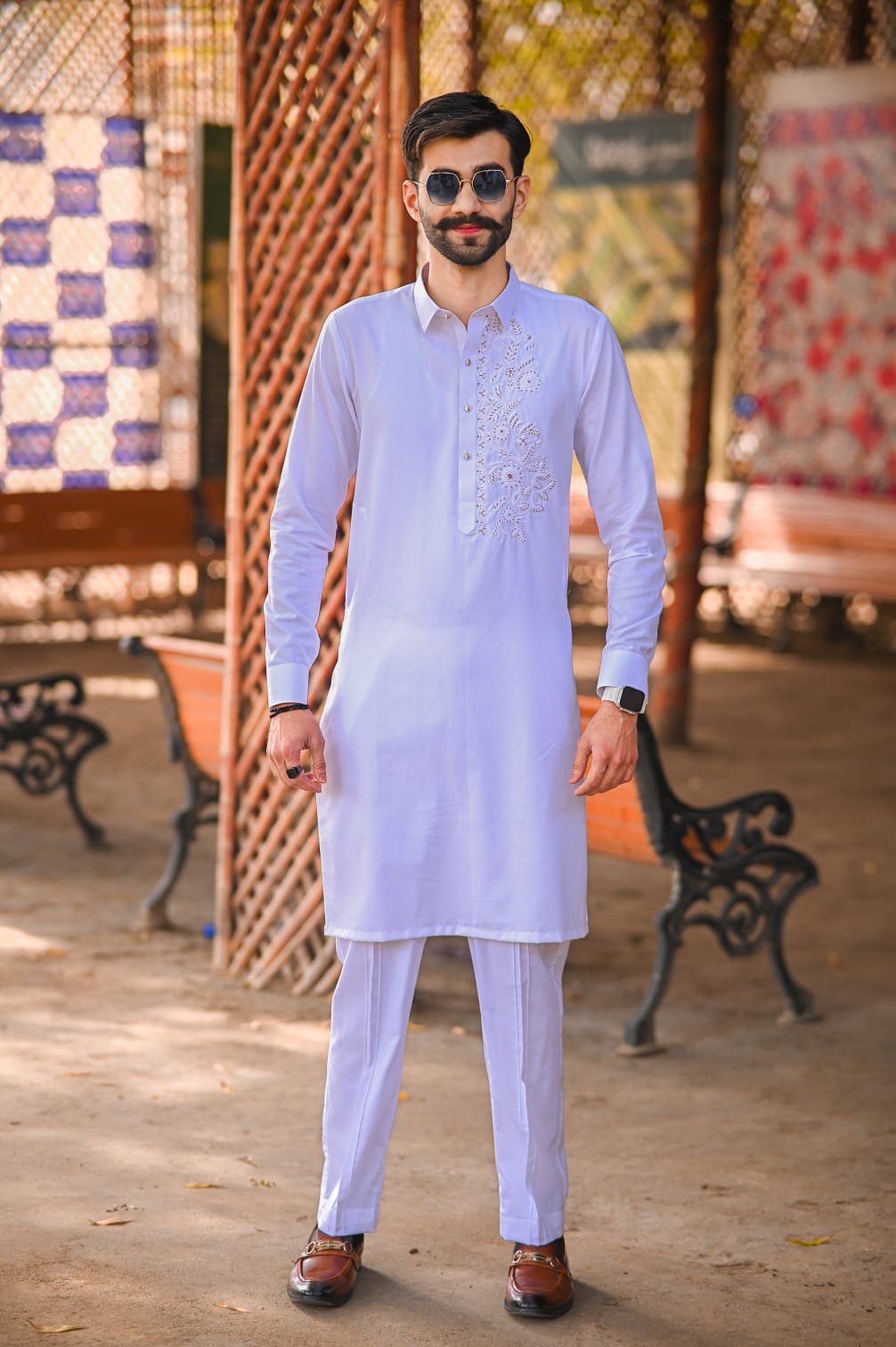 White texture kurta trouser front hand Embroidery same trouser