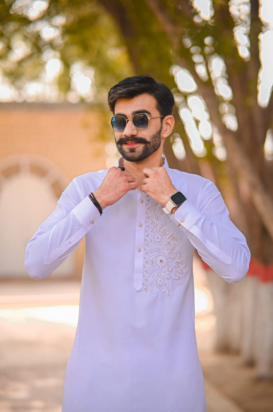 White texture kurta trouser front hand Embroidery same trouser