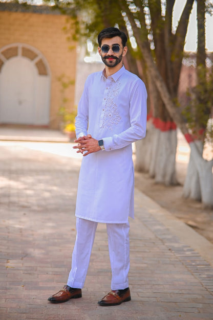 White texture kurta trouser front hand Embroidery same trouser