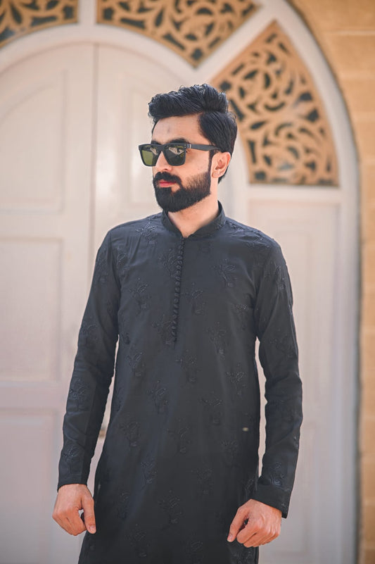 Black sequence floral Embroidery loop button style kurta same plain trouser