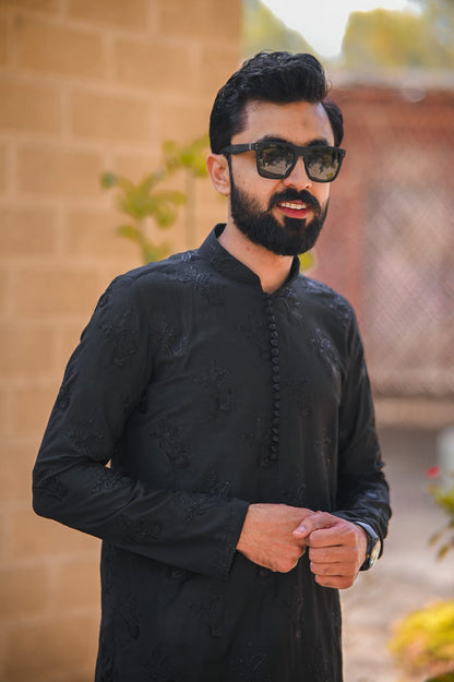 Black sequence floral Embroidery loop button style kurta same plain trouser