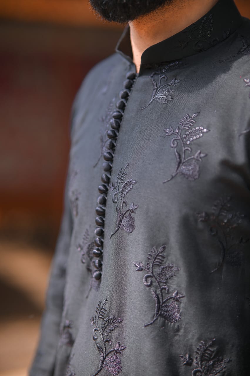 Black sequence floral Embroidery loop button style kurta same plain trouser