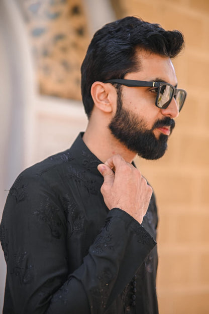 Black sequence floral Embroidery loop button style kurta same plain trouser