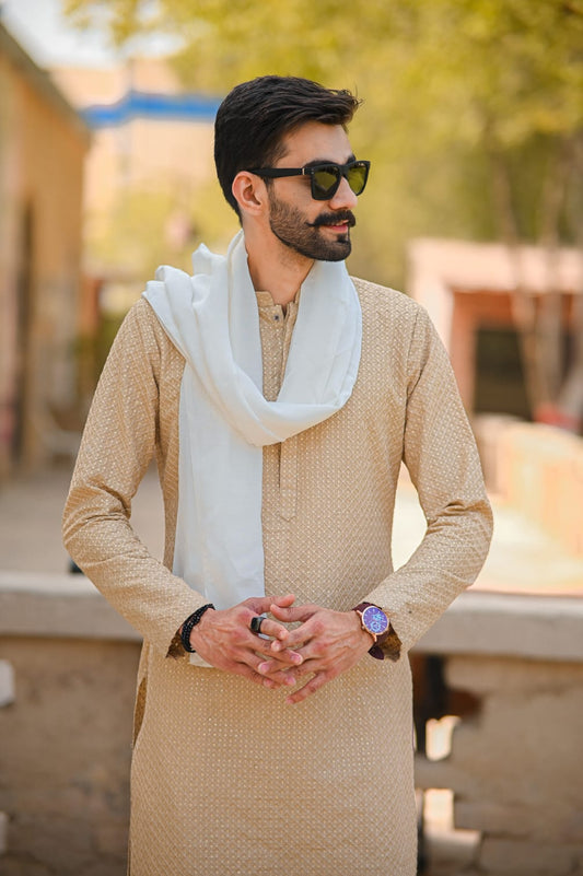Mid gold sequence jell embroidery kurta white trouser