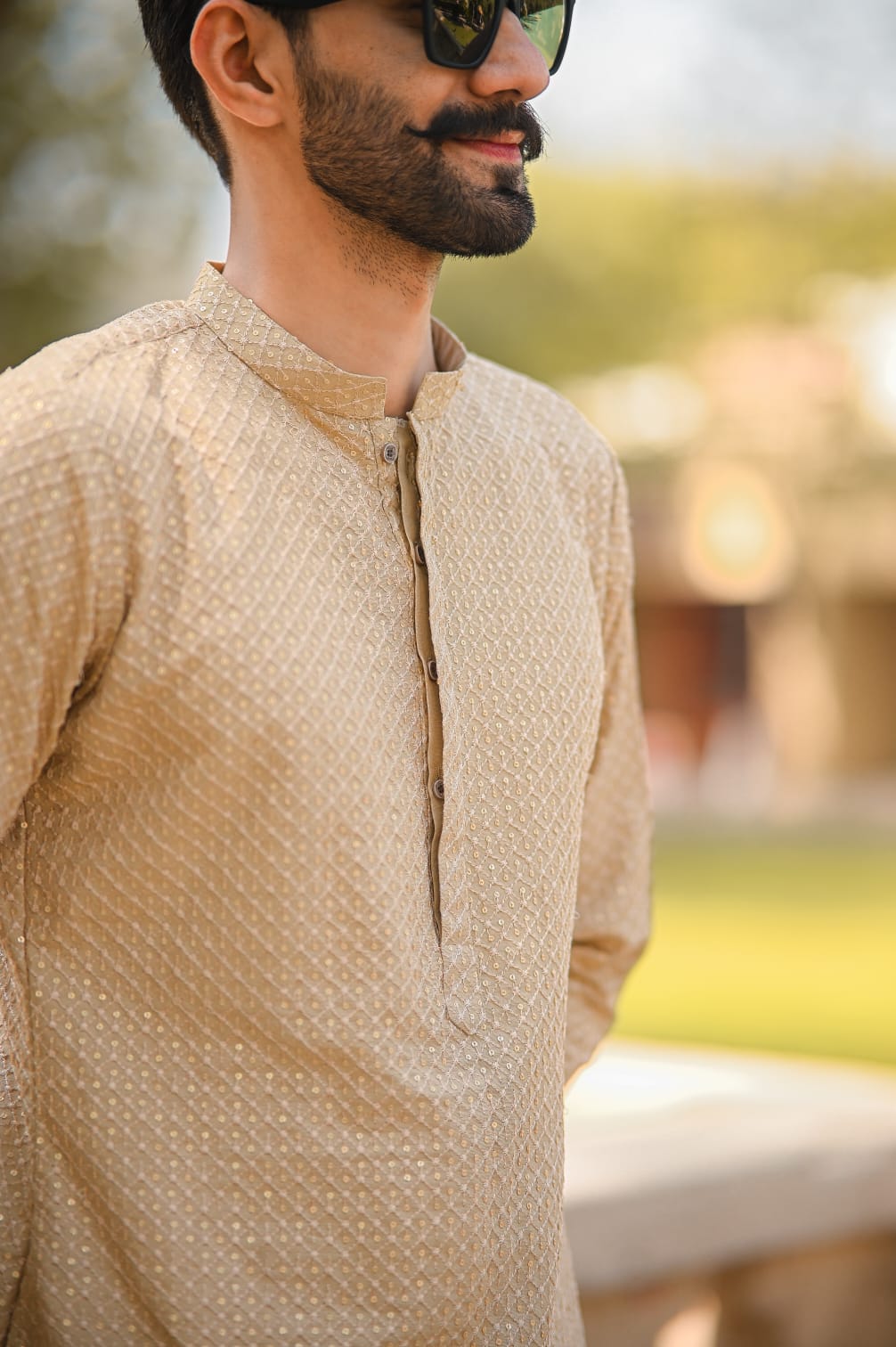 Mid gold sequence jell embroidery kurta white trouser