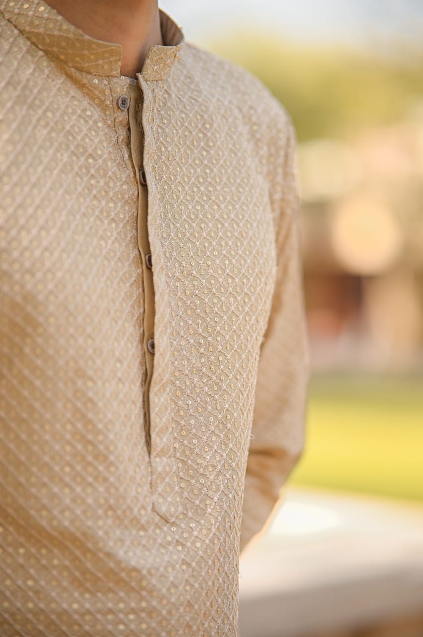 Mid gold sequence jell embroidery kurta white trouser
