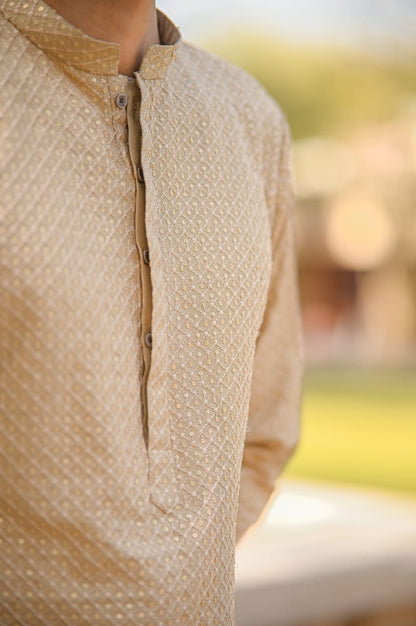 Mid gold sequence jell embroidery kurta white trouser