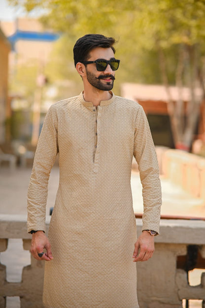 Mid gold sequence jell embroidery kurta white trouser