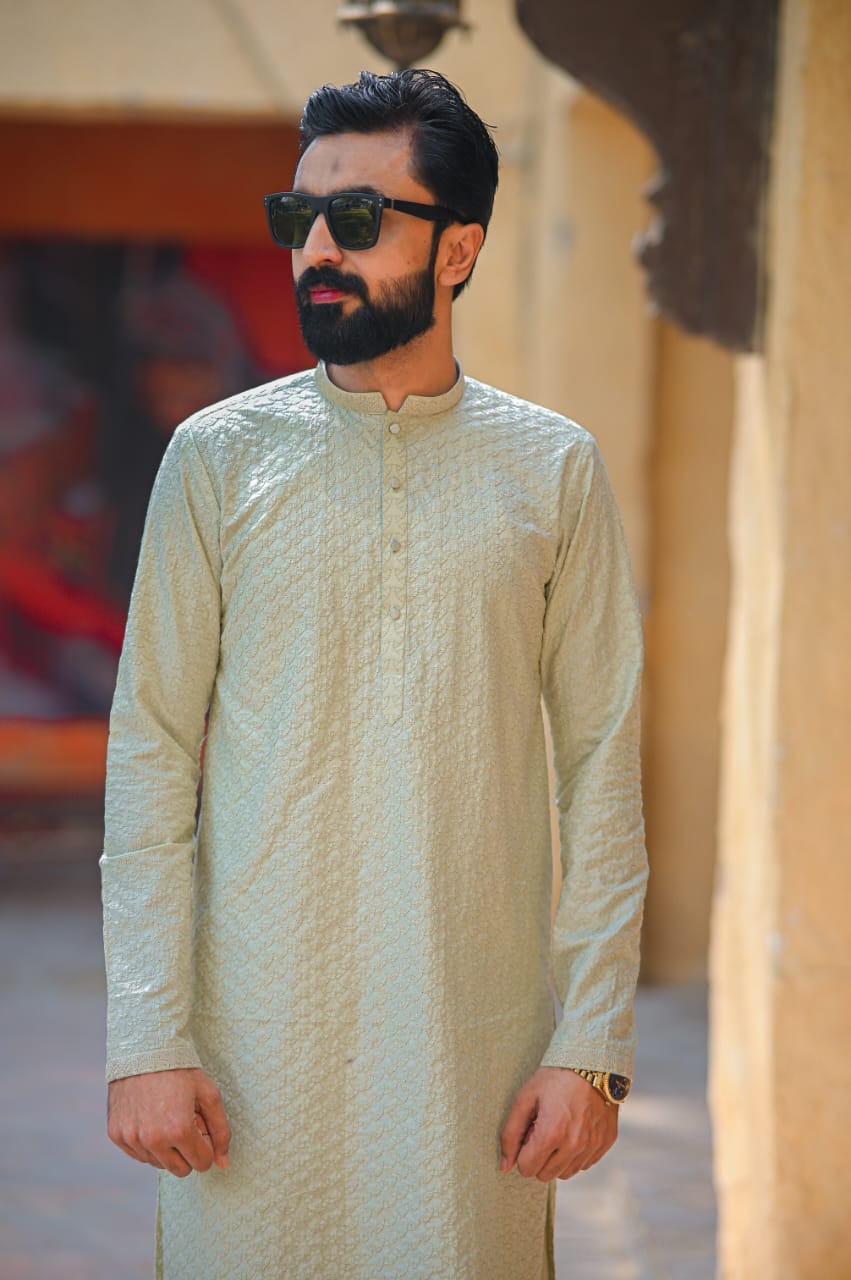 Pista green Embroidary kurta same plain trouser