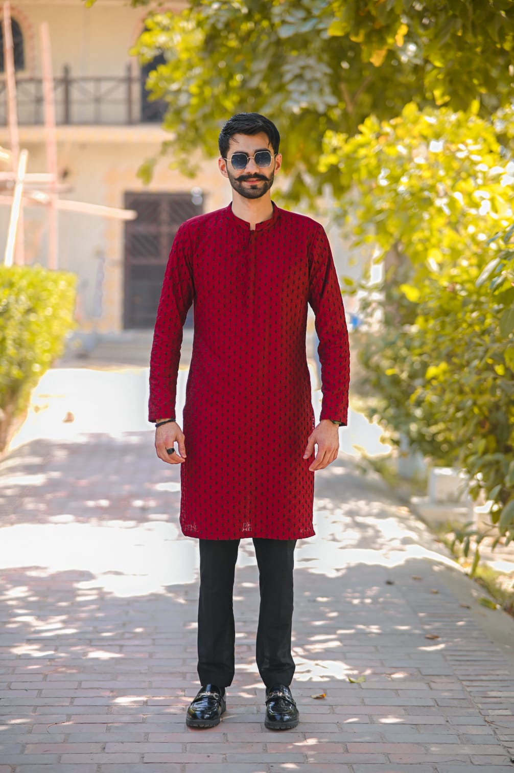 Red black doted Embroidery kurta black plain trouser