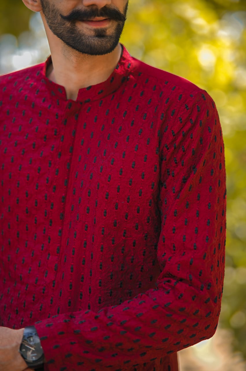 Red black doted Embroidery kurta black plain trouser