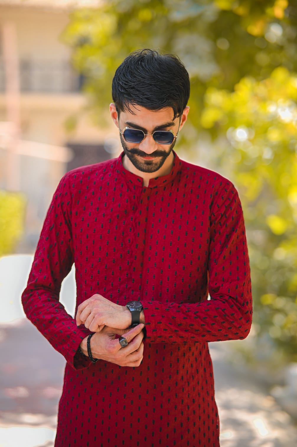 Red black doted Embroidery kurta black plain trouser