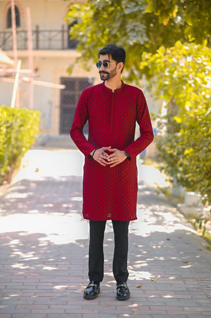 Red black doted Embroidery kurta black plain trouser