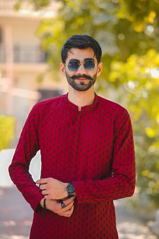 Red black doted Embroidery kurta black plain trouser