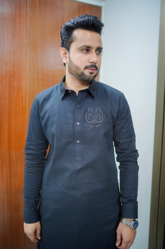 Black texture kurta trouser with hand Embroidery collar and logo