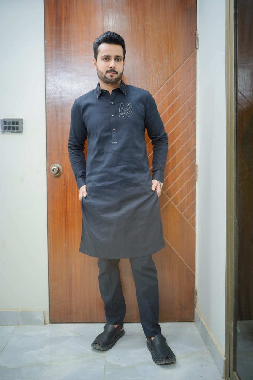 Black texture kurta trouser with hand Embroidery collar and logo