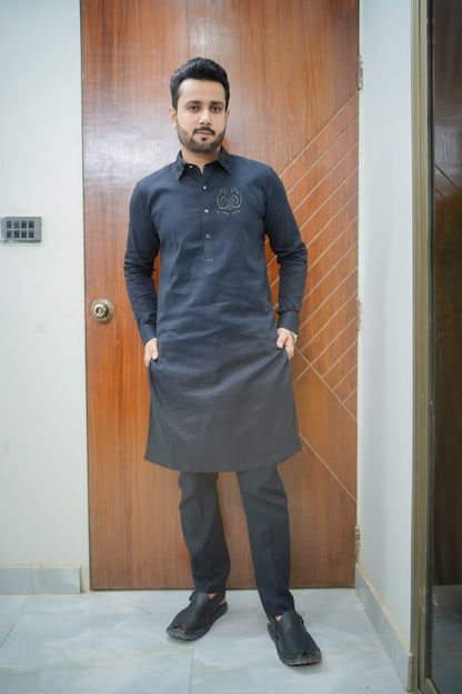 Black texture kurta trouser with hand Embroidery collar and logo